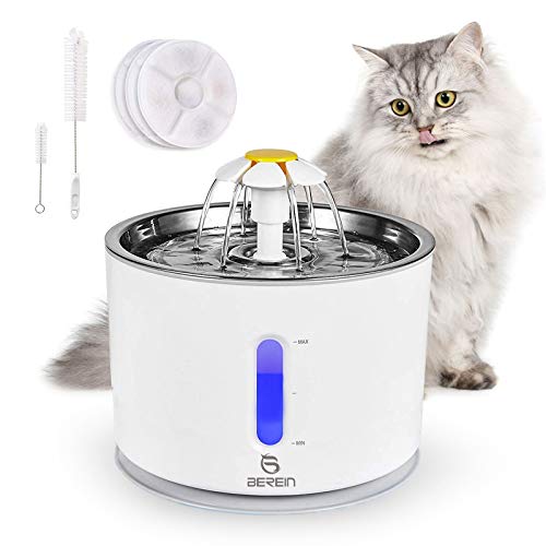 Fuente de Agua para Gatos, Fuente de Agua, Fuente para Gatos, Perros, Fuente de Agua para Mascotas, 2,4 l, Fuente de Flores con 3 filtros de carbón Activo, 2 cepillos de Limpieza, luz Nocturna