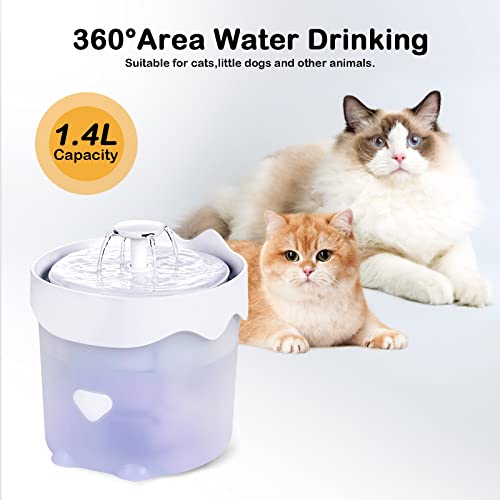 Fuente de agua para gatos, fuente de agua súper silenciosa para gatos en el interior, fuente de agua para mascotas de 1,4 l para gatito, indicador LED y 1 filtro