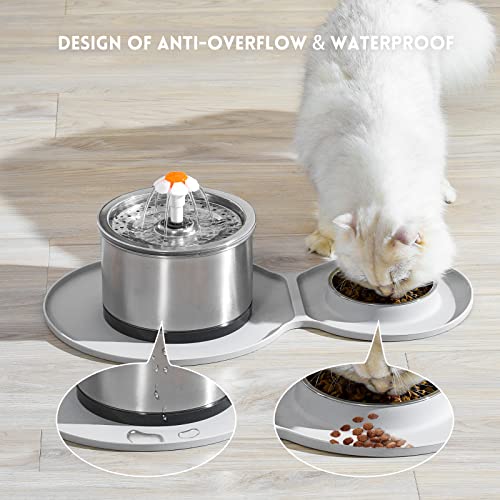 Fuente para Gatos con Bol de Comida y Tapete, AONBOY Bebedero Gatos de Acero Inoxidable, Iluminación Nocturna, Dispensador Automático de Agua para Mascotas con Filtros de Carbón Activado(cableado)