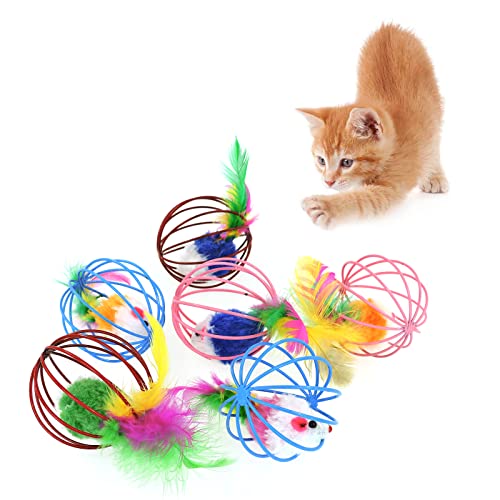 FuninCrea 6 Pelotas de Juguete para Gatos, Juguete de Plumas de Gato con Ratones de Colores y Plumas, Bolas Huecas de Alambre de Acero para Que los Gatos Persigan y Jueguen Dentro y Fuera de Casa