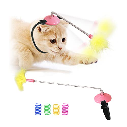 FuninCrea Juguetes de Pluma de Gato, Los Juguetes de Entrenamiento Montados en la Cabeza Mantienen a Los Gatos Sanos, Juguete de Plumas para Aplastar,Morder y Cazar para Gatos (Rosado)