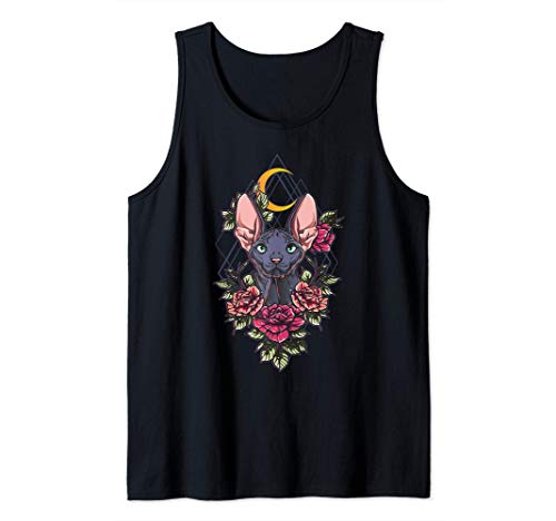 Gato Sphynx Estética Hermosa Sphynx Gatito Rosas Camiseta sin Mangas