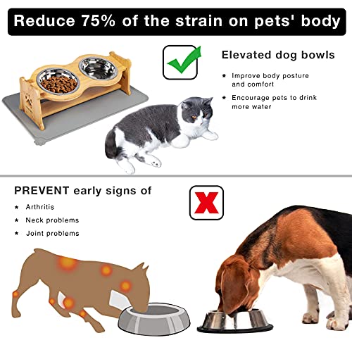 G.C Comedero Gato Perro Elevado Altura Ajustable Comederos para Perros de Bambú con 2 Cuencos Acero Inoxidable y Antideslizante Alfombrilla de Silicona para Comederos de Perro Pequeño