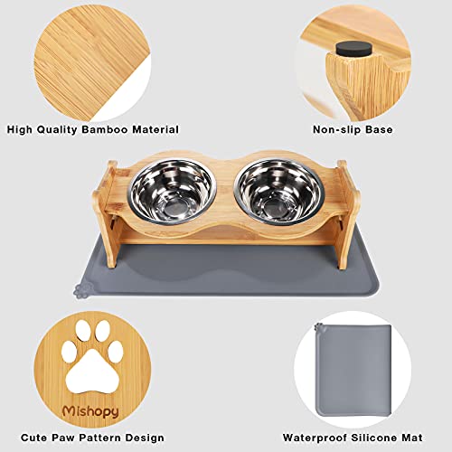 G.C Comedero Gato Perro Elevado Altura Ajustable Comederos para Perros de Bambú con 2 Cuencos Acero Inoxidable y Antideslizante Alfombrilla de Silicona para Comederos de Perro Pequeño