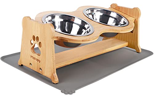 G.C Comedero Gato Perro Elevado Altura Ajustable Comederos para Perros de Bambú con 2 Cuencos Acero Inoxidable y Antideslizante Alfombrilla de Silicona para Comederos de Perro Pequeño