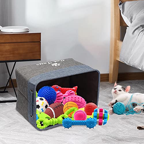 Geyecete- Plegable Caja de Almacenamiento de Lino para Juguetes para Gatoss con Asas para Cubos de almacenaje para Accesorios de Mascotas Juguetes Cesto almacenamiento-38x27x 25cm-Gris/Azul