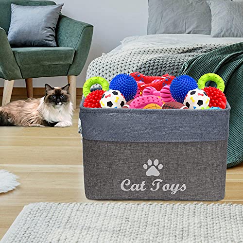 Geyecete- Plegable Caja de Almacenamiento de Lino para Juguetes para Gatoss con Asas para Cubos de almacenaje para Accesorios de Mascotas Juguetes Cesto almacenamiento-38x27x 25cm-Gris/Azul