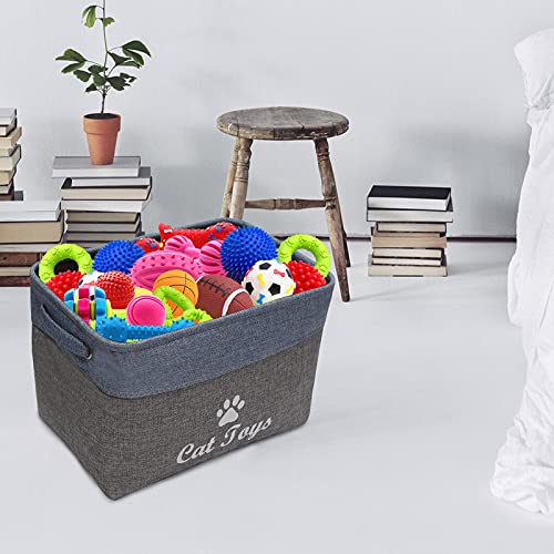 Geyecete- Plegable Caja de Almacenamiento de Lino para Juguetes para Gatoss con Asas para Cubos de almacenaje para Accesorios de Mascotas Juguetes Cesto almacenamiento-38x27x 25cm-Gris/Azul