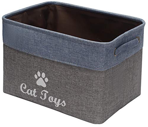 Geyecete- Plegable Caja de Almacenamiento de Lino para Juguetes para Gatoss con Asas para Cubos de almacenaje para Accesorios de Mascotas Juguetes Cesto almacenamiento-38x27x 25cm-Gris/Azul