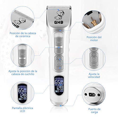 GHB Cortapelo para Perro Máquina de Cortar Pelo para Perros Esquiladora Mascota Gato Recargable de Pantalla LED