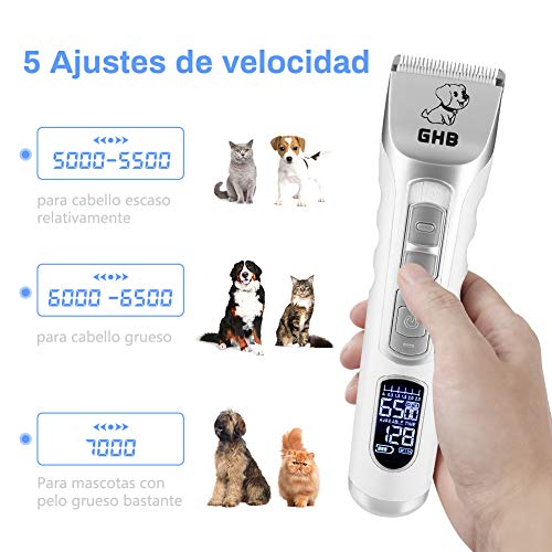 GHB Cortapelo para Perro Máquina de Cortar Pelo para Perros Esquiladora Mascota Gato Recargable de Pantalla LED