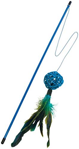 Gloria - Juguete para Gatos - Juguete de Gatos Interactivo - Accesorio para Gatos - Modelo Crux - Tamaño 46 cm - Color Azul - Diseño en Forma de Caña - Decoración con Plumas y Bola