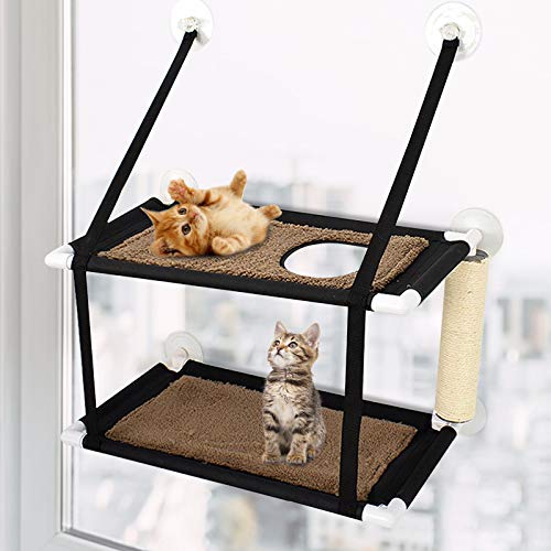 GNEGNIS Hamaca para Ventana de Gato, Percha de Doble Capa con Poste rascador, Estable 6 ventosas para hasta 10 kg, Doble Capa