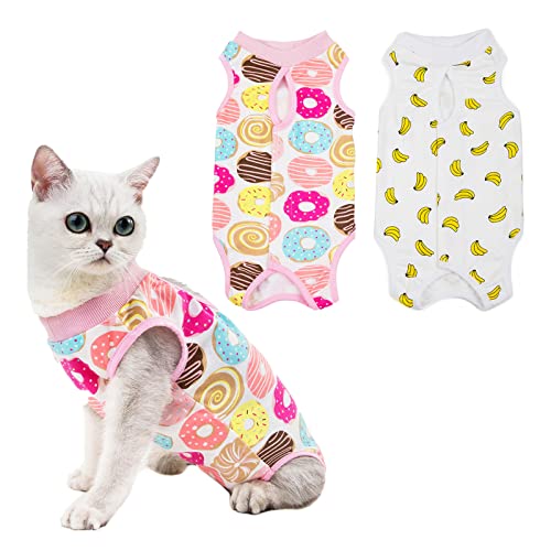 HACRAHO Traje de recuperación de gatos, 2 piezas de traje de recuperación quirúrgica para gatos, cono de mascota, alternativa para mascotas pequeñas y medianas, plátano y donuta, M