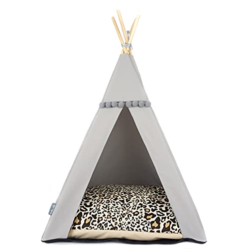 Halkalife Tipi de gato con pompones, tienda impermeable para gatos y tienda de lujo para perros, gato wigwam, casa para gatos, nido de gato (M, gris, pantera)