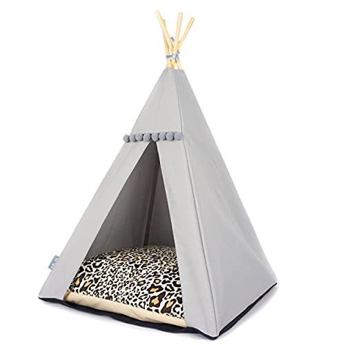 Halkalife Tipi de gato con pompones, tienda impermeable para gatos y tienda de lujo para perros, gato wigwam, casa para gatos, nido de gato (M, gris, pantera)