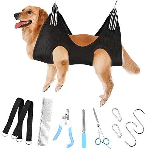 Hamaca para el cuidado del perro, set de tijeras para perros, hamaca, arnés para recortar las uñas, bolsa de retención con cortaúñas/cortaúñas, lima de uñas, peine para mascotas, cuidado de oídos/ojos