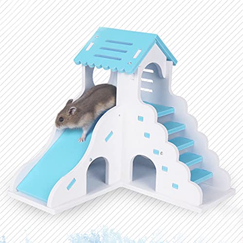 Hamster escondite Casa de Madera Jerbo Jaula de Lujo de 2 Pisos Hut con tobogán duraderos Inodoro No tóxico ratón Ejercicio Juguetes para los Pequeño Azul Animal