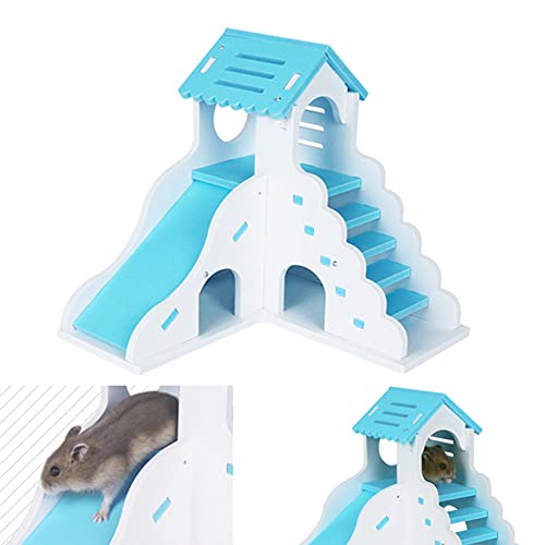 Hamster escondite Casa de Madera Jerbo Jaula de Lujo de 2 Pisos Hut con tobogán duraderos Inodoro No tóxico ratón Ejercicio Juguetes para los Pequeño Azul Animal