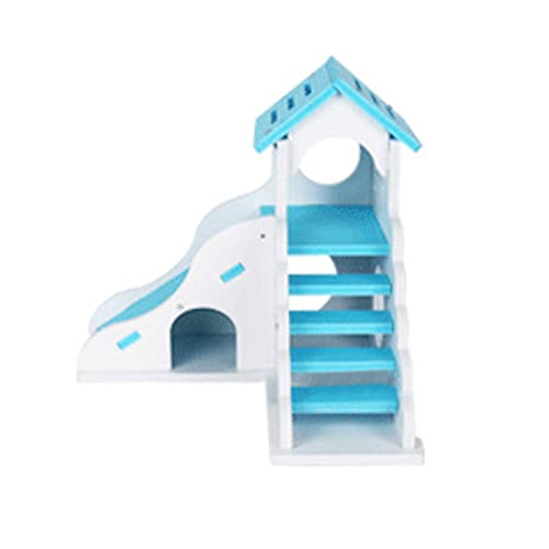 Hamster escondite Casa de Madera Jerbo Jaula de Lujo de 2 Pisos Hut con tobogán duraderos Inodoro No tóxico ratón Ejercicio Juguetes para los Pequeño Azul Animal