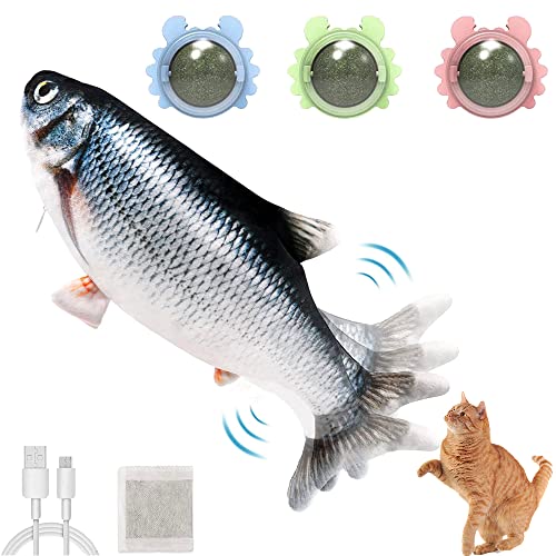 Havenfly Juguete de pez con Hierba Gatera EléCtrica + 3 Bolas de Hierba Gatera, Juguetes de pez Realistas Recargables, Juguetes Deportivos y de Patadas de Gato, Snacks para Gatos