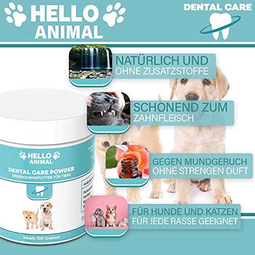 Hello Animal Dental Polvo para perros y gatos – Limpieza dental y cuidado dental – Eliminador de sarro también para espacios intermedios – Polvo dental contra el mal aliento