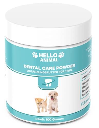 Hello Animal Dental Polvo para perros y gatos – Limpieza dental y cuidado dental – Eliminador de sarro también para espacios intermedios – Polvo dental contra el mal aliento