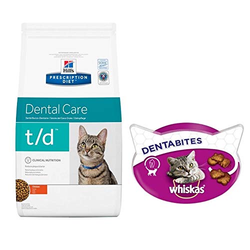 Hill's Prescription Diet Feline T/d Cuidado Dental 1,5 kg – Alimentos dietéticos enriquecidos y completos para gatos adultos + Whiskas Dentabites 50 g Delicioso cuidado dental para todos los gatos