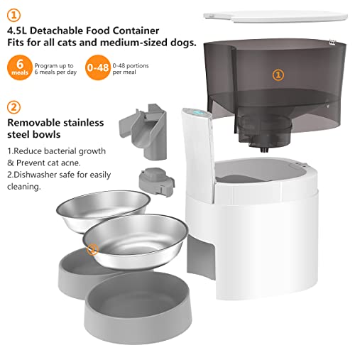 HoneyGuaridan Comedero Automático para Gatos y Perros, dispensador de Comida con dispensador de Dos vías, Control de porciones, Grabador de Voz de 10s, hasta 6 Comidas al día–Opción de Doble Potencia