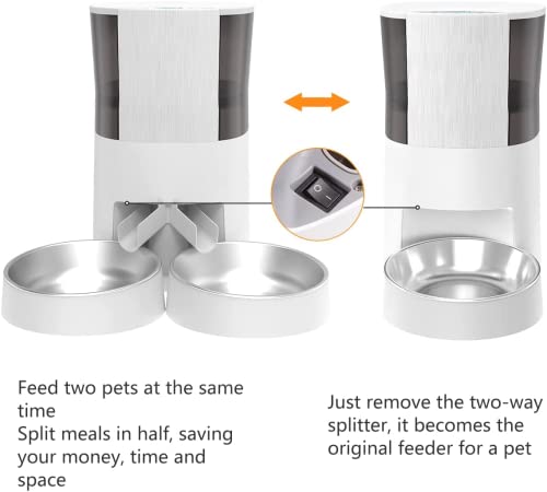 HoneyGuaridan Comedero Automático para Gatos y Perros, dispensador de Comida con dispensador de Dos vías, Control de porciones, Grabador de Voz de 10s, hasta 6 Comidas al día–Opción de Doble Potencia