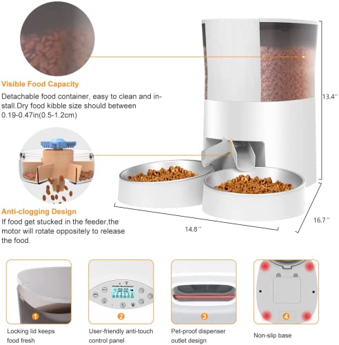 HoneyGuaridan Comedero Automático para Gatos y Perros, dispensador de Comida con dispensador de Dos vías, Control de porciones, Grabador de Voz de 10s, hasta 6 Comidas al día–Opción de Doble Potencia