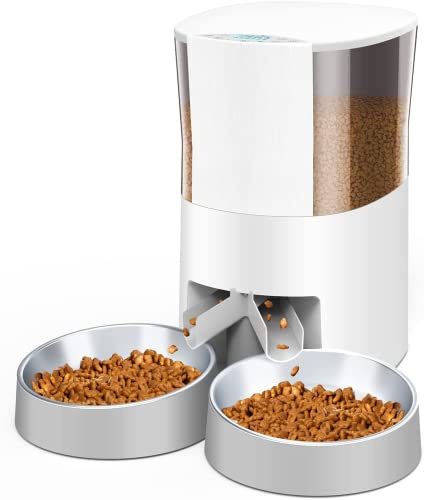 HoneyGuaridan Comedero Automático para Gatos y Perros, dispensador de Comida con dispensador de Dos vías, Control de porciones, Grabador de Voz de 10s, hasta 6 Comidas al día–Opción de Doble Potencia