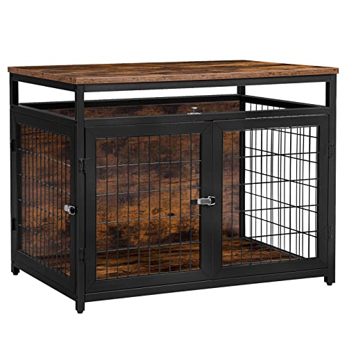 HOOBRO Jaula para Perros, Cajón para Perros con Cajón, Decorativa de Interior, Mesa Auxiliar para Casa para Perros, Doble Puerta en Malla a Prueba de Mordiscos y Arañazos, Marrón Vintage y Negro