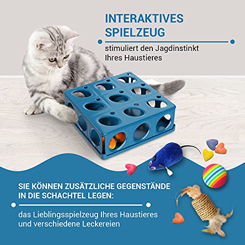 Huskl Caja de juguetes interactivos para gatos, caja de inteligencia con 21 agujeros, juguete de inteligencia, tabla de pescar, juguete para gatos, juguete de actividad, azul