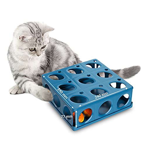 Huskl Caja de juguetes interactivos para gatos, caja de inteligencia con 21 agujeros, juguete de inteligencia, tabla de pescar, juguete para gatos, juguete de actividad, azul