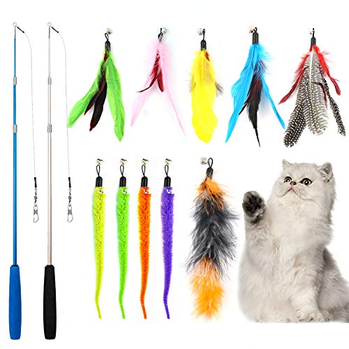 Hyselene 12pcs Juguetes Para Gatos Plumas Set,Juguetes Para Gatos Interactivos,Varita Juguete Gato Retráctil,Pluma Gatos Accesorios,Usado Para Gatos y Gatitos Interior Interactivos Juegos Para Gatos