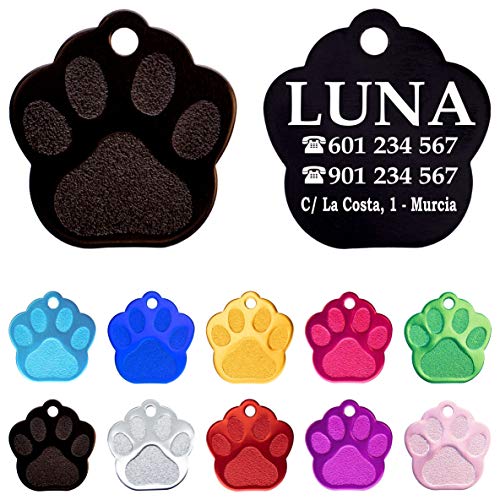 Iberiagifts - Placa en Forma de Huella para Mascotas pequeñas-Medianas Chapa Medalla de identificación Personalizada para Collar Perro Gato Mascota grabada (Negro)