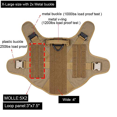 ICEFANG Arnés Modular para Perro, Militar K9 Chaleco Molle táctico para Perro, sin Tirar de Clip Frontal, Gancho y Panel de Bucle para Parche de Perro, CB-2x Hebilla de Metal (XL) marrón Coyote