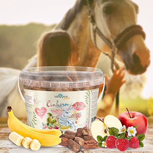 Ida Plus Unicornio besos, especialmente afrutado para caballos con plátano, manzana y fresa, golosinas para caballos sin aditivos artificiales, deliciosa recompensa en un práctico cubo de 3 kg