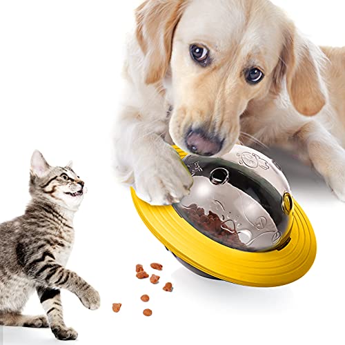 Idepet Juguete Dispensador de golosinas para Perros,Juguete Interactivo con Alimentador Lento no tóxico en Forma de OVNI Pelota de Juguete para Perros Gatos (Amarillo)