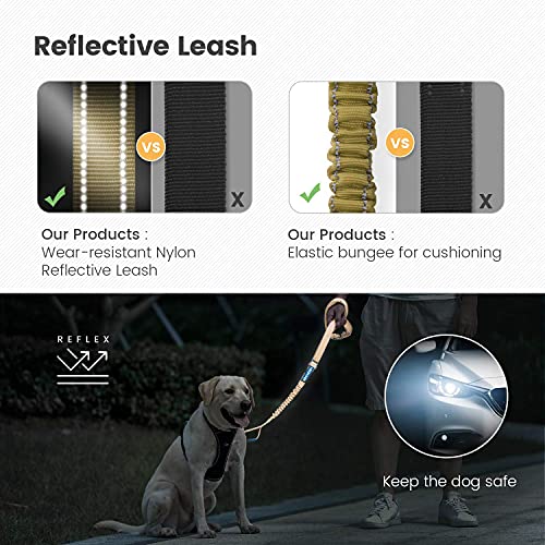 Iokheira Correa para Perros de 5 pies, 4 en 1, Ajustable, con cinturón de Seguridad para el Coche y asa Acolchada, elástica y Reflectante, Color Negro (Ejercito Verde)