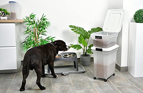 Iris Ohyama, Contenedor de comida para mascotas, juego de 2, 20 L y 45 L para 7,5 y 15 kg, tapa abatible, hermética, transparente, ruedas y pala - Air Tight Food Container ATS-C - Blanco