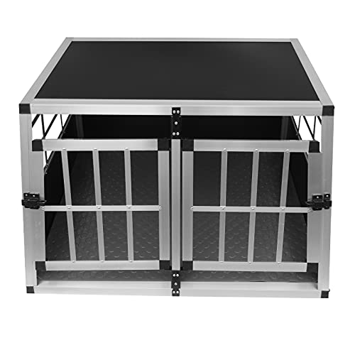 Jaula de Transporte de Coche para Mascotas Caja de Viaje de Aluminio Trapezoidal Transportador de Perros Gatos Cachorros 2 Puertas 50 x 89 x 69cm | Alfombra de Plástico Lavable Gratis