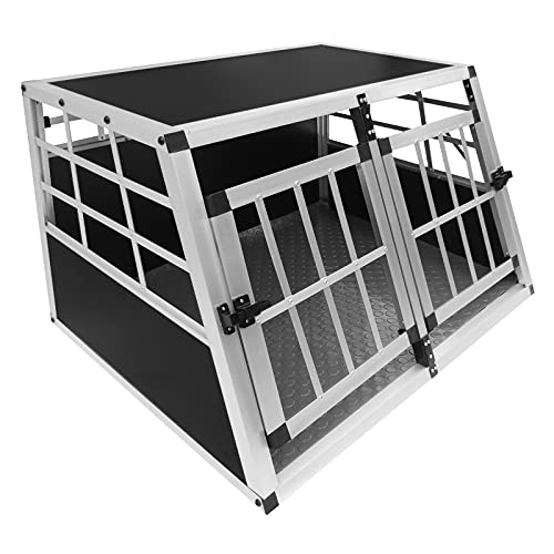 Jaula de Transporte de Coche para Mascotas Caja de Viaje de Aluminio Trapezoidal Transportador de Perros Gatos Cachorros 2 Puertas 50 x 89 x 69cm | Alfombra de Plástico Lavable Gratis