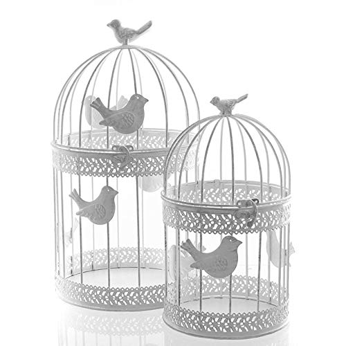 Jaula para pájaros en color blanco – Juego de 2 – con decoración de pájaros, jaula para flores, caja de regalo, decoración de boda