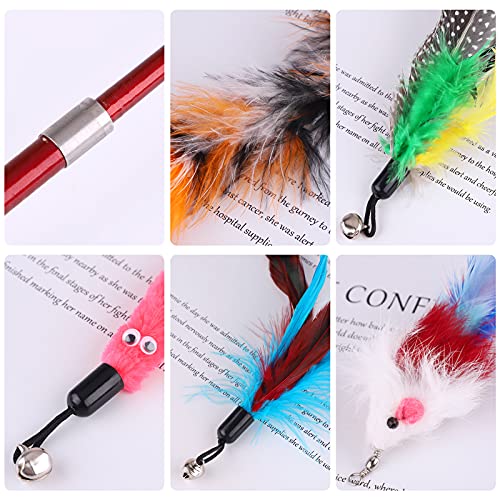 Juguete de Plumas para Gatos,12 Piezas Juguetes Interactivos para Gatos de Interior,1 Varita Retráctil para Gatos y 11 Plumas de Recambio Ratón con Campana,Caña de Pescar Juegos para Gatos Gatitos