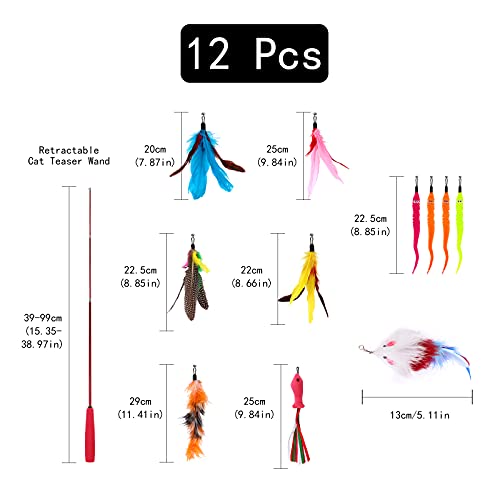 Juguete de Plumas para Gatos,12 Piezas Juguetes Interactivos para Gatos de Interior,1 Varita Retráctil para Gatos y 11 Plumas de Recambio Ratón con Campana,Caña de Pescar Juegos para Gatos Gatitos
