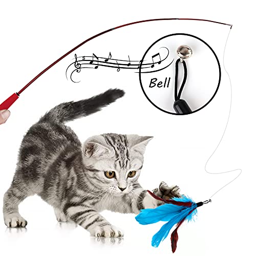 Juguete de Plumas para Gatos,12 Piezas Juguetes Interactivos para Gatos de Interior,1 Varita Retráctil para Gatos y 11 Plumas de Recambio Ratón con Campana,Caña de Pescar Juegos para Gatos Gatitos