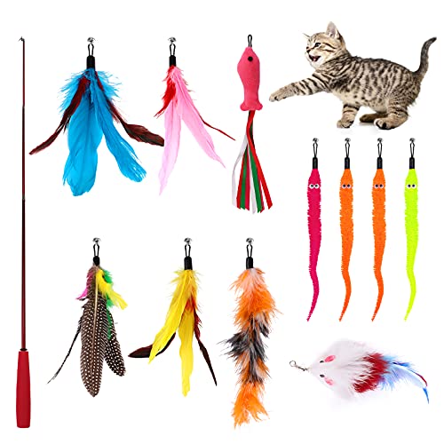 Juguete de Plumas para Gatos,12 Piezas Juguetes Interactivos para Gatos de Interior,1 Varita Retráctil para Gatos y 11 Plumas de Recambio Ratón con Campana,Caña de Pescar Juegos para Gatos Gatitos