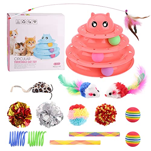 Juguetes de Gato,15 Juguetes diversión interactiva para Interiores para Interiores,3 Capas Rodillos Gatito con Pelota Colores,Varita de Plumas Ratón Bola de ejercitar diversión Gatito Torre Pink
